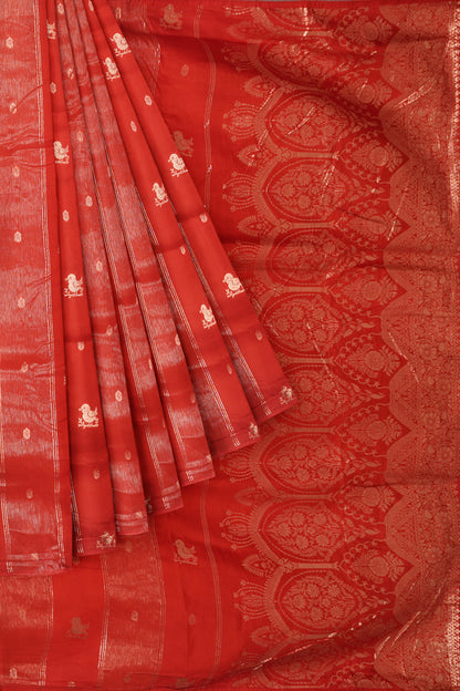 Red Dola Zari Lines Little Birds Butta Fancy Zari Pallu Saree