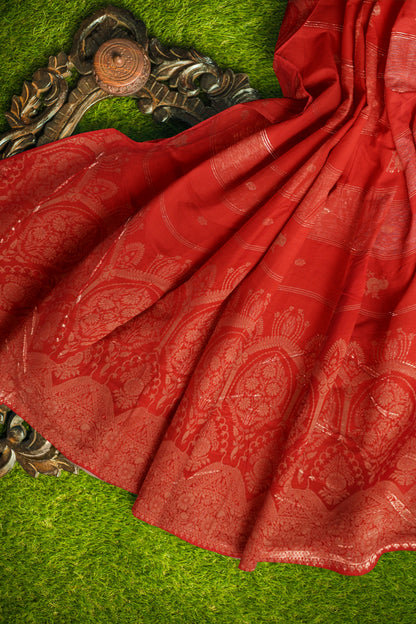 Red Dola Zari Lines Little Birds Butta Fancy Zari Pallu Saree