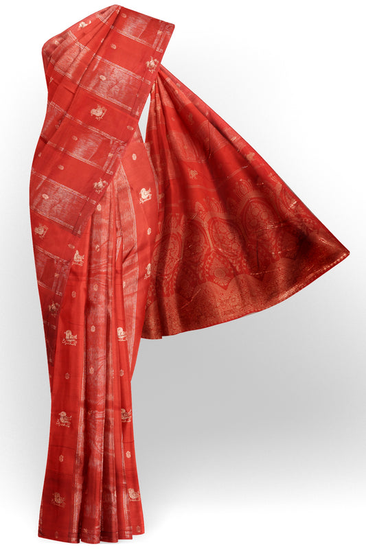 Red Dola Zari Lines Little Birds Butta Fancy Zari Pallu Saree