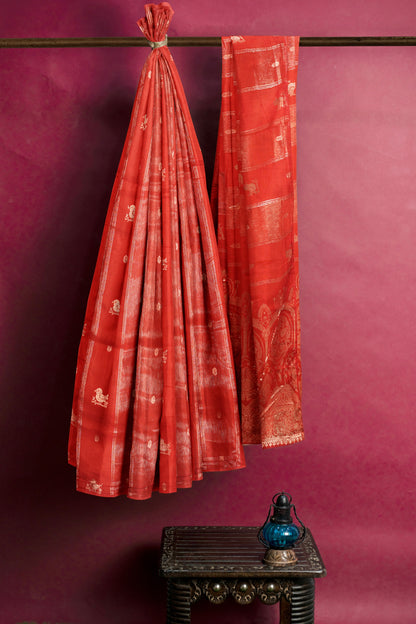 Red Dola Zari Lines Little Birds Butta Fancy Zari Pallu Saree