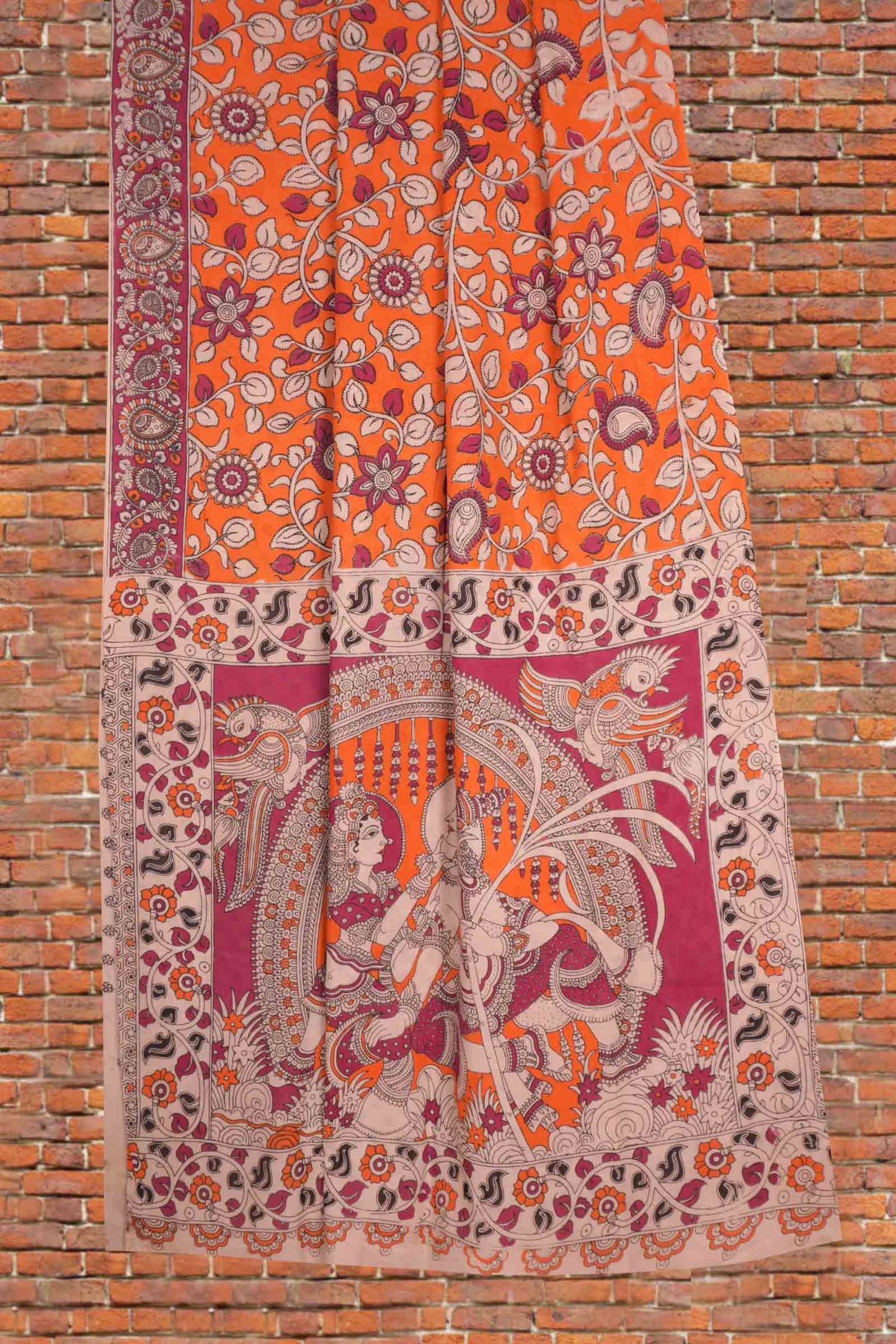 Orange Kalamkari Pure Cotton Floral Print Saree