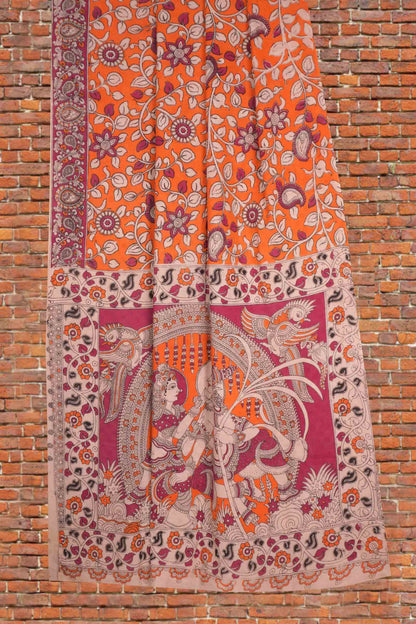 Orange Kalamkari Pure Cotton Floral Print Saree
