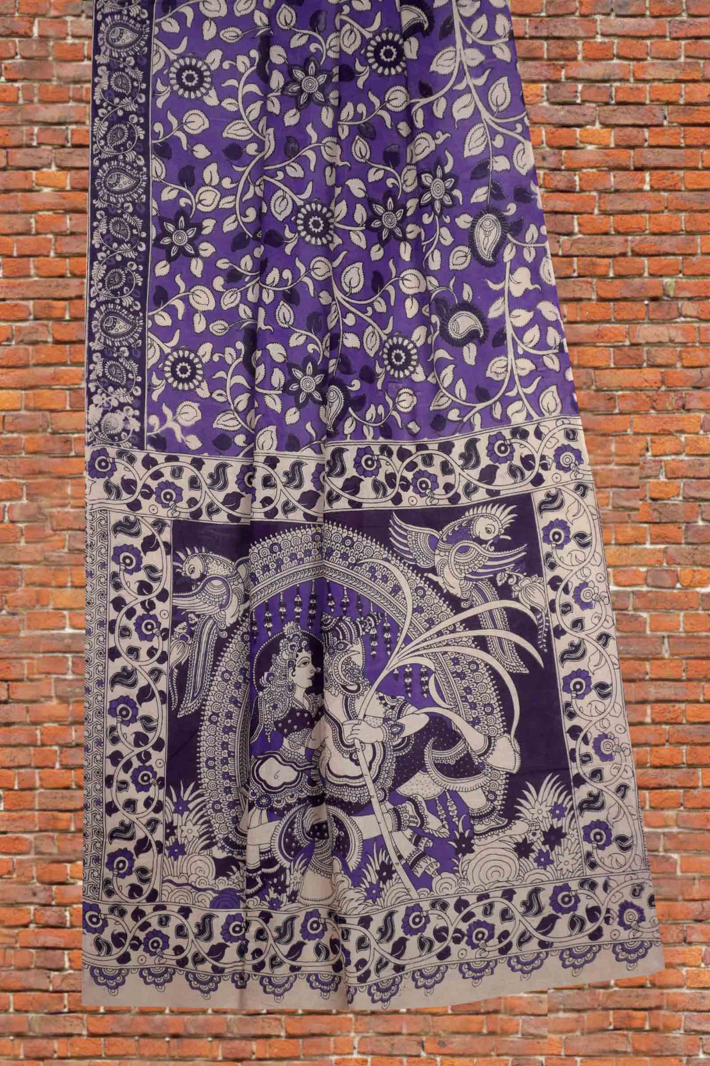 Violet  Kalamkari Pure Cotton Floral Vines Epic Pallu Saree