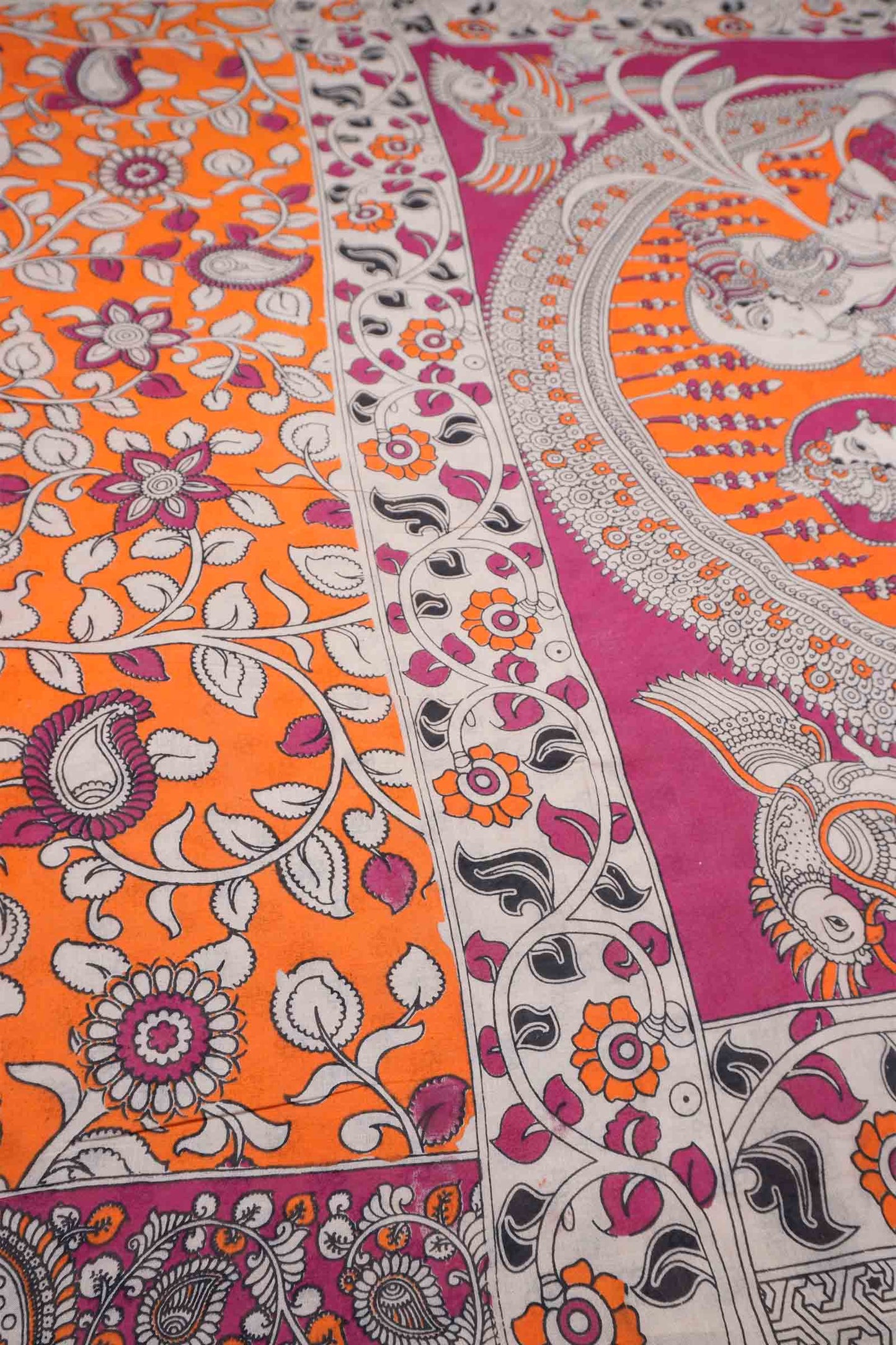 Orange Kalamkari Pure Cotton Floral Print Saree
