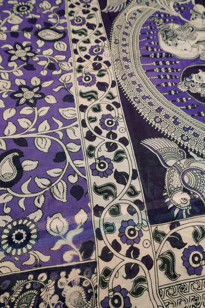 Violet  Kalamkari Pure Cotton Floral Vines Epic Pallu Saree