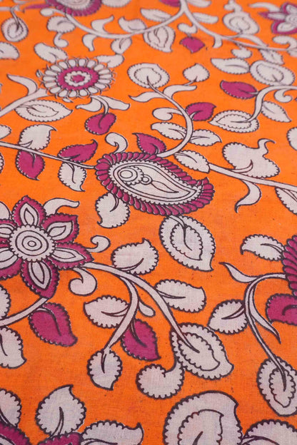 Orange Kalamkari Pure Cotton Floral Print Saree