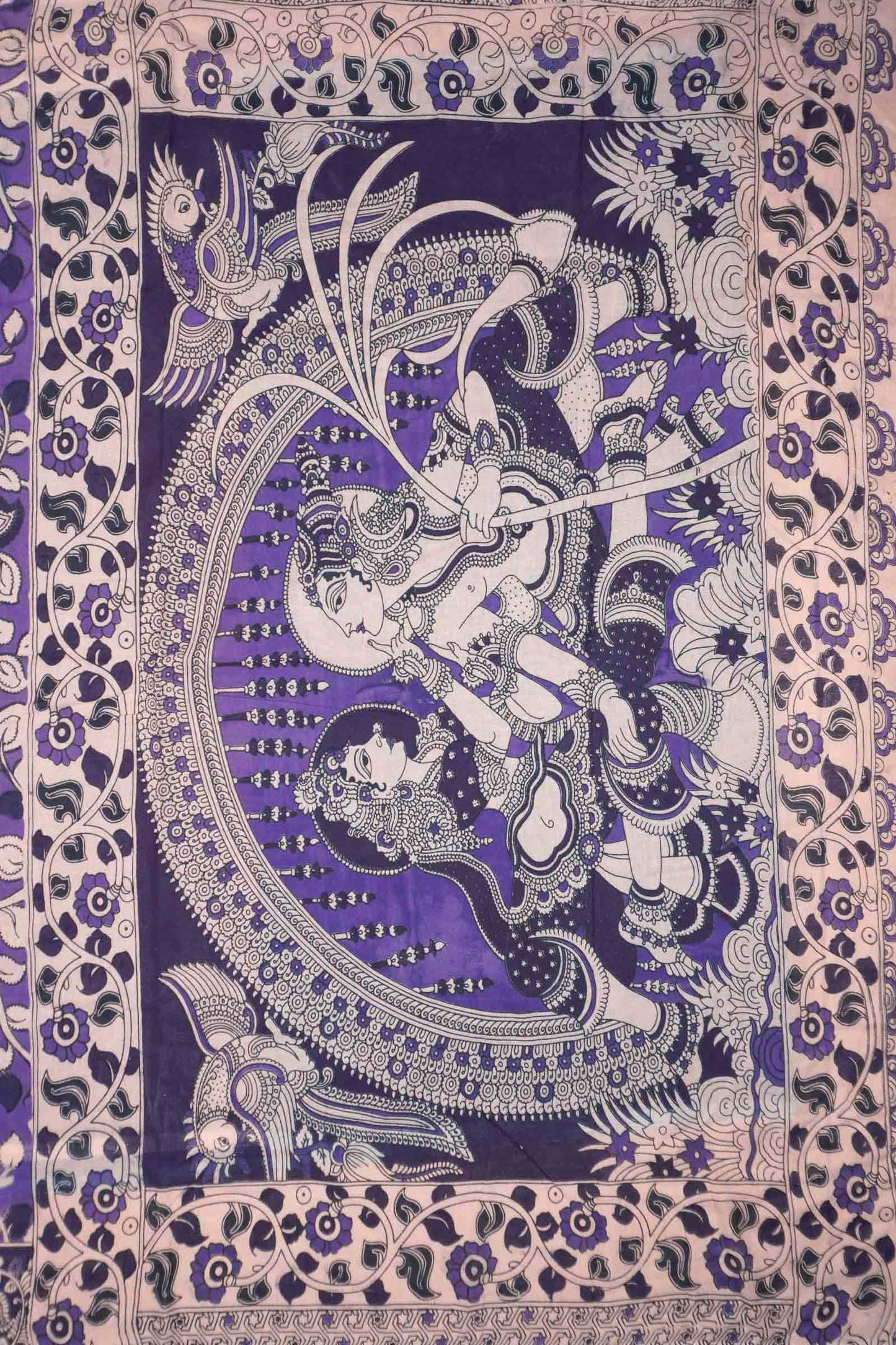 Violet  Kalamkari Pure Cotton Floral Vines Epic Pallu Saree