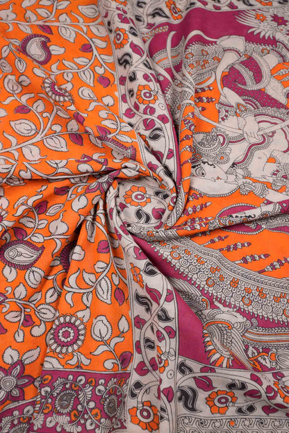 Orange Kalamkari Pure Cotton Floral Print Saree
