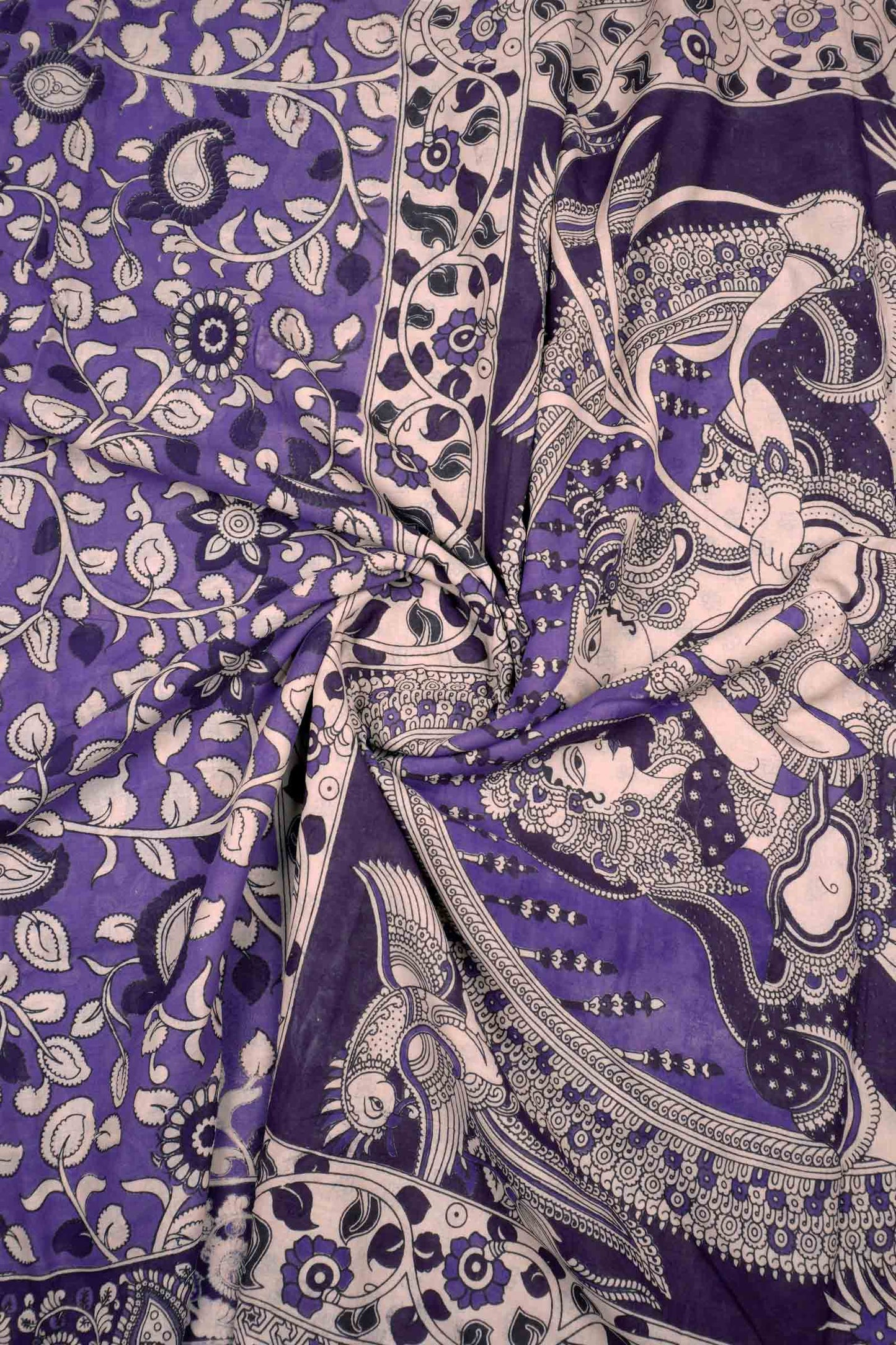 Violet  Kalamkari Pure Cotton Floral Vines Epic Pallu Saree