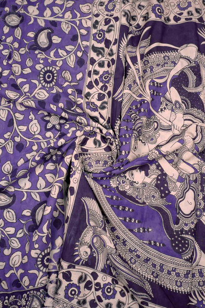 Violet  Kalamkari Pure Cotton Floral Vines Epic Pallu Saree