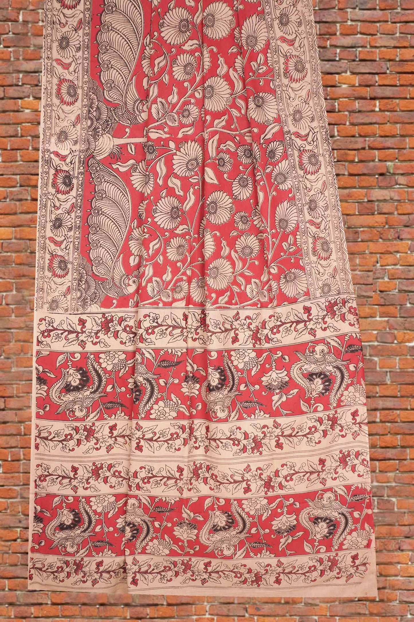 Red Kalamkari Pure Cotton  Floral Prints Peacock Pallu Saree