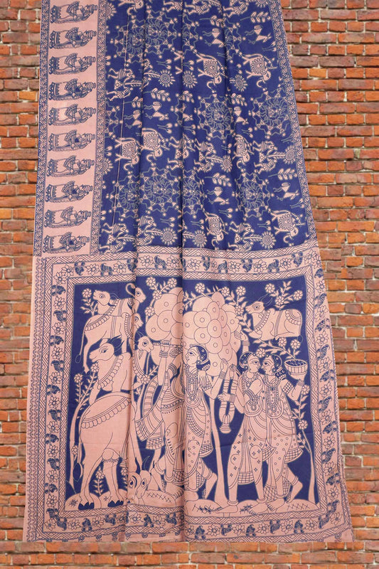 Blue  Kalamkari Pure Cotton Warli Inspired Print Royal Cow Pallu Saree