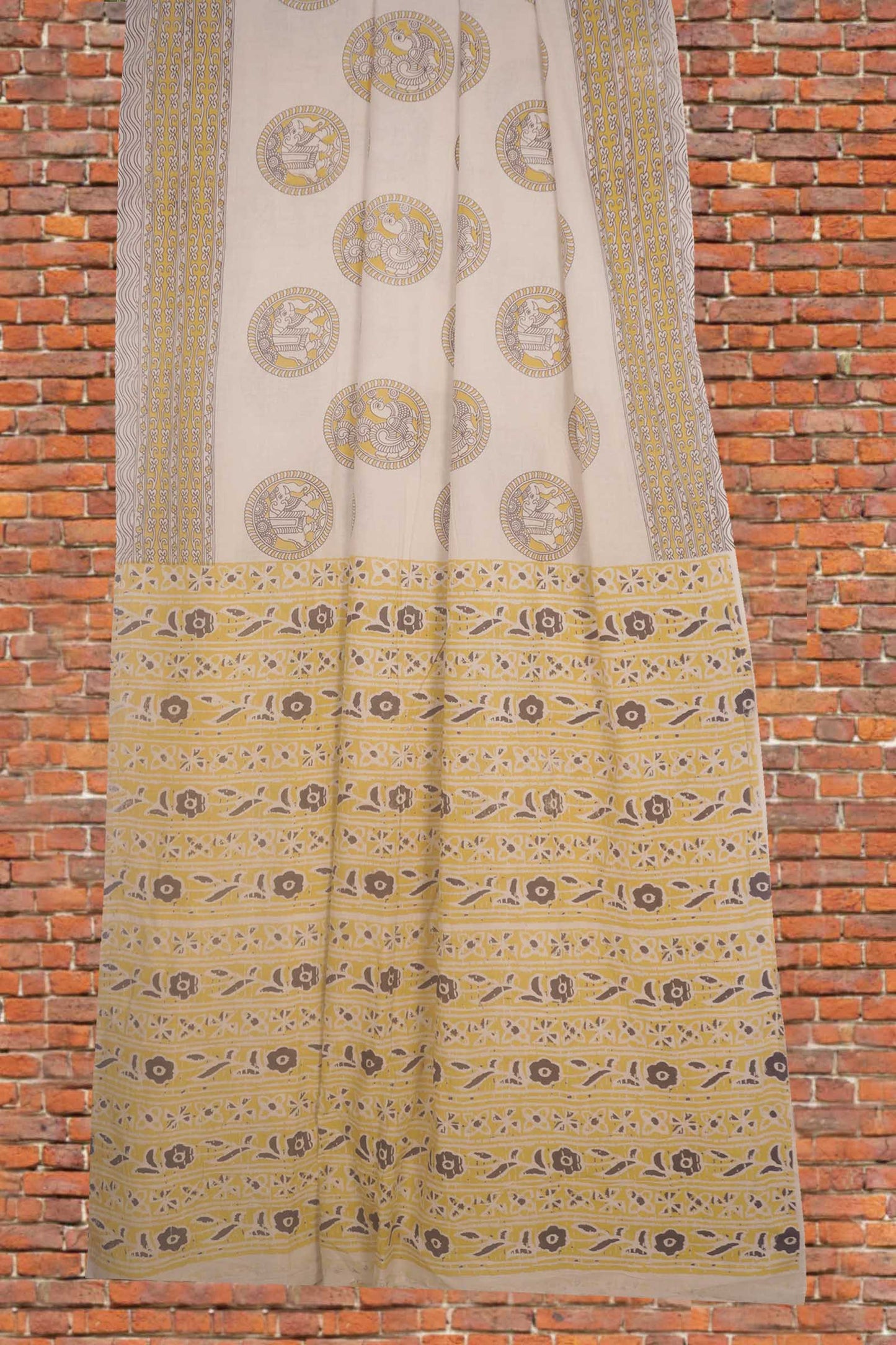 Off White With Yellow Kalamkari Pure Cotton Elephant Peacock Butta Saree