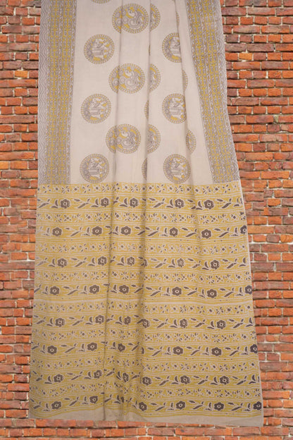 Off White With Yellow Kalamkari Pure Cotton Elephant Peacock Butta Saree