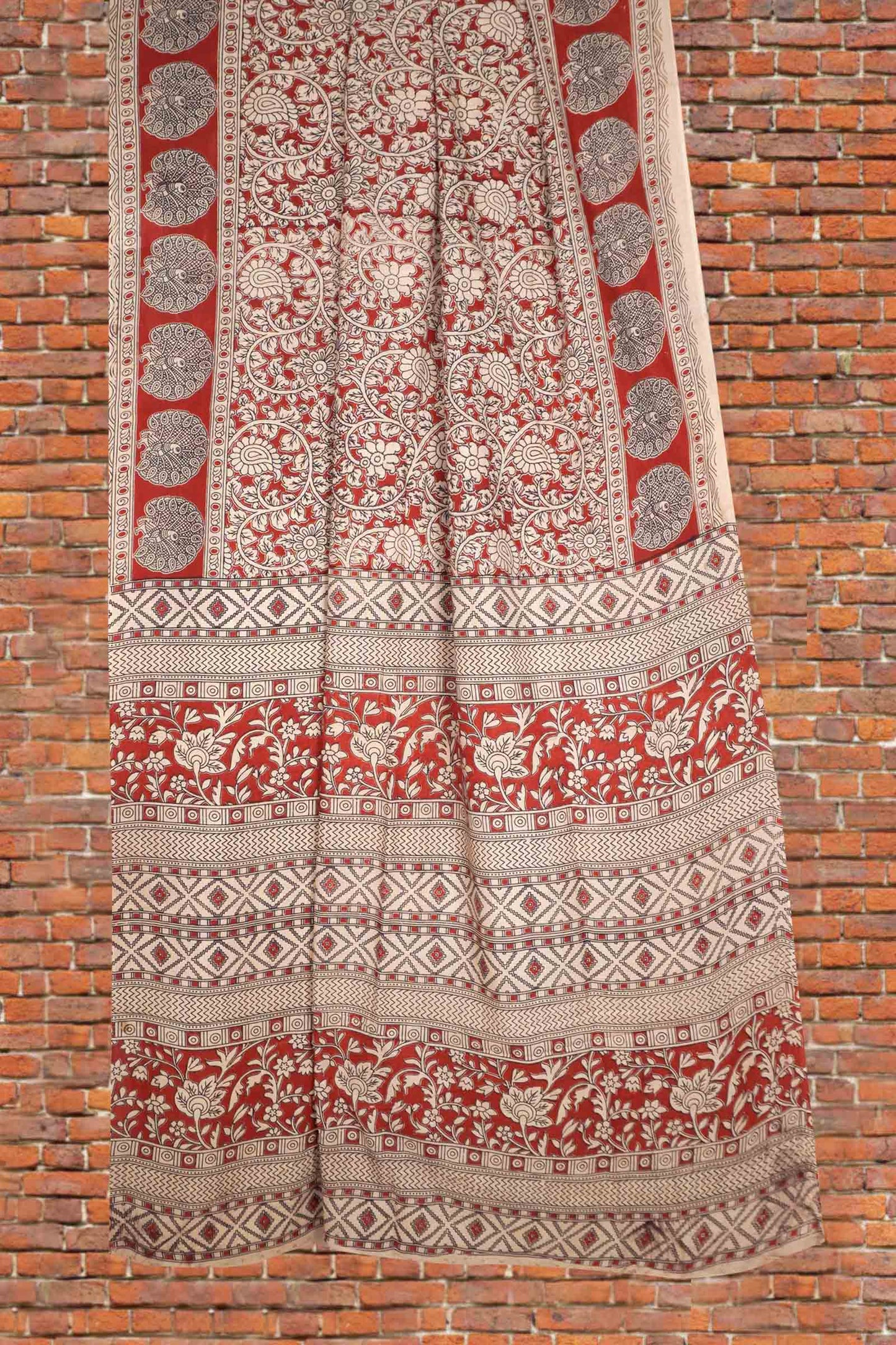 Maroon Kalamkari Pure Cotton  Floral Print Peacock Border Saree