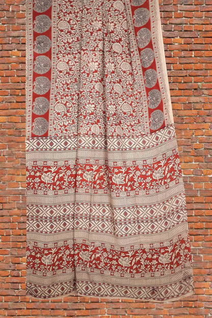Maroon Kalamkari Pure Cotton  Floral Print Peacock Border Saree