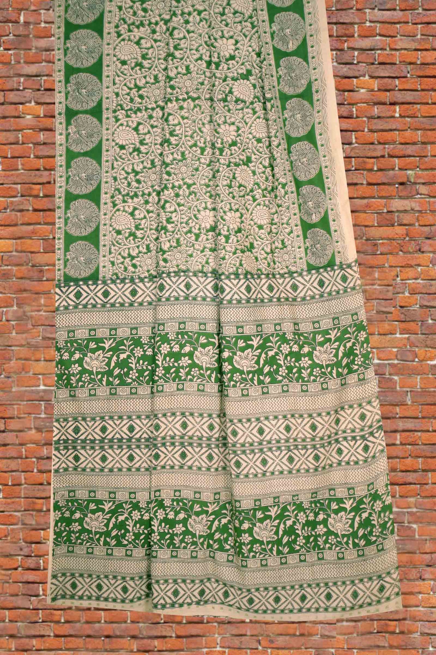 Green Kalamkari Pure Cotton  Floral Print Peacock Border Saree