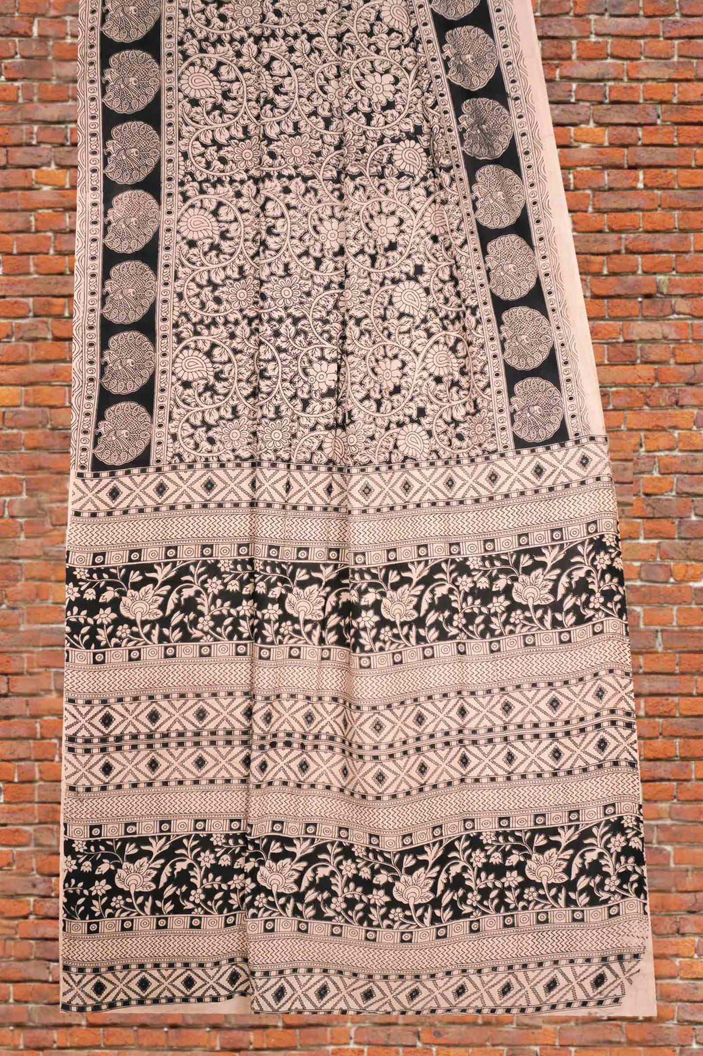 Black Kalamkari Pure Cotton Floral Print Peacock Border Saree