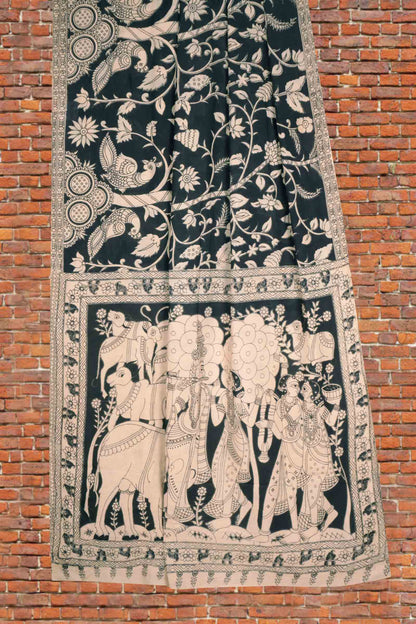 Black Kalamkari Pure Cotton Garden Print Royal Cow Pallu Saree