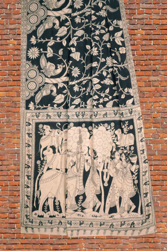 Black Kalamkari Pure Cotton Garden Print Royal Cow Pallu Saree