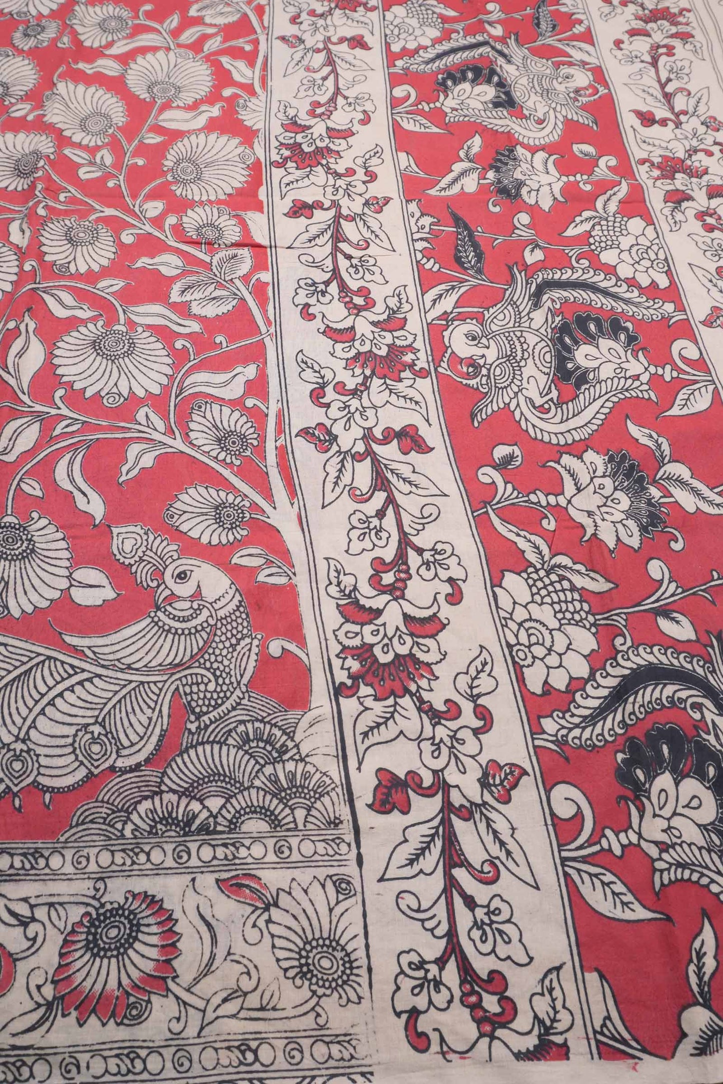 Red Kalamkari Pure Cotton  Floral Prints Peacock Pallu Saree