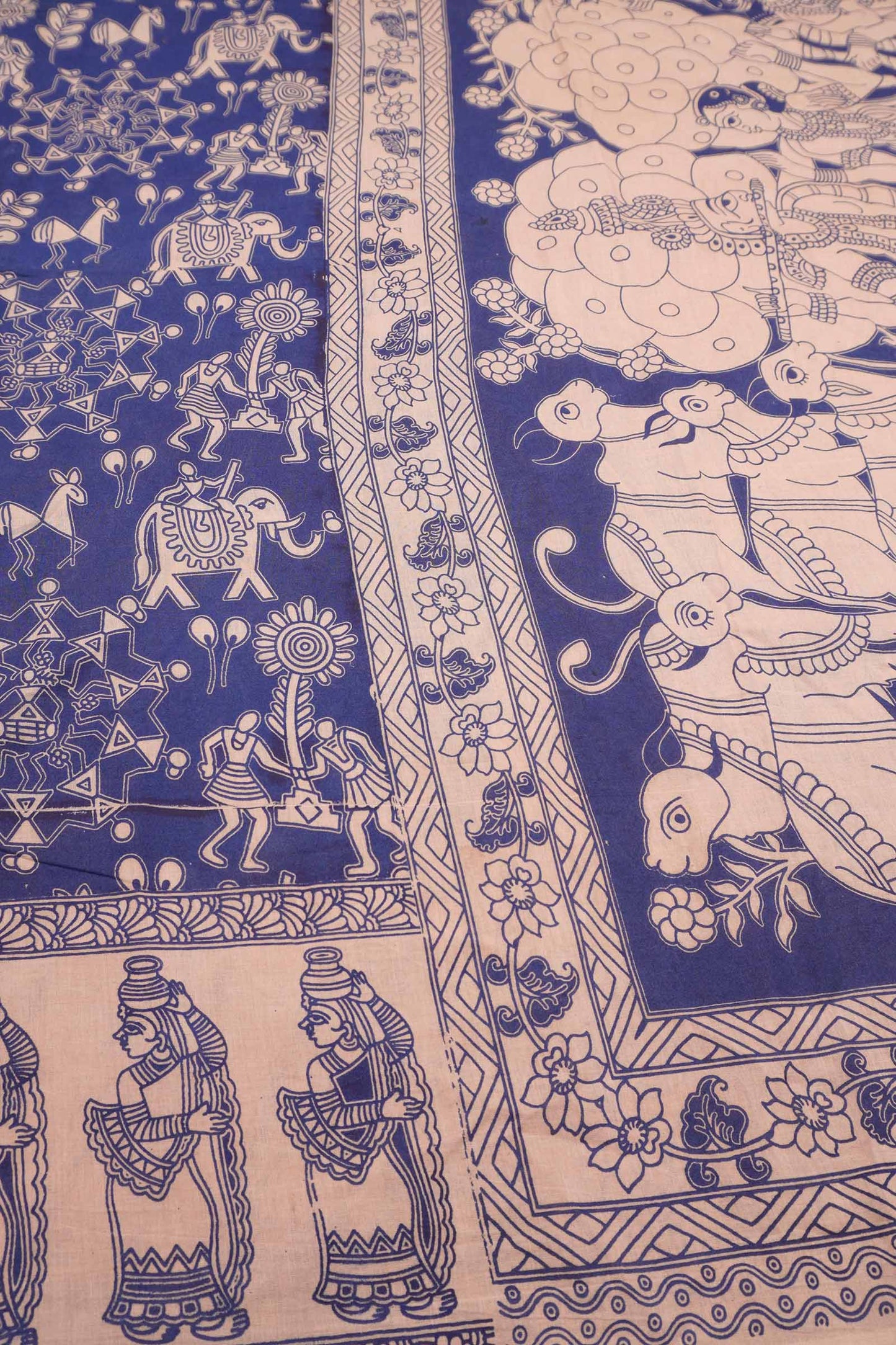 Blue  Kalamkari Pure Cotton Warli Inspired Print Royal Cow Pallu Saree
