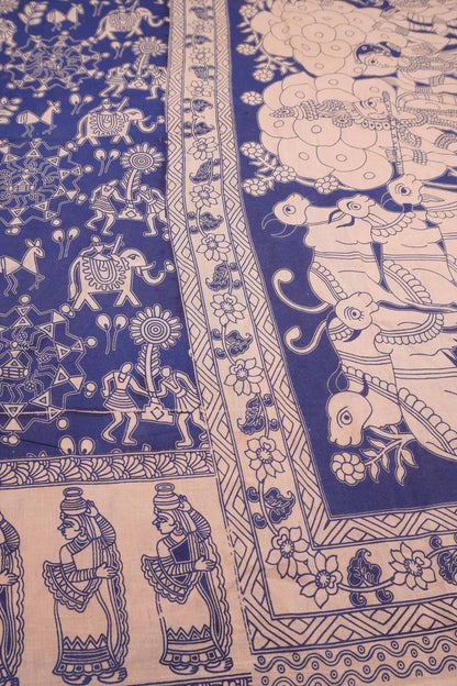 Blue  Kalamkari Pure Cotton Warli Inspired Print Royal Cow Pallu Saree