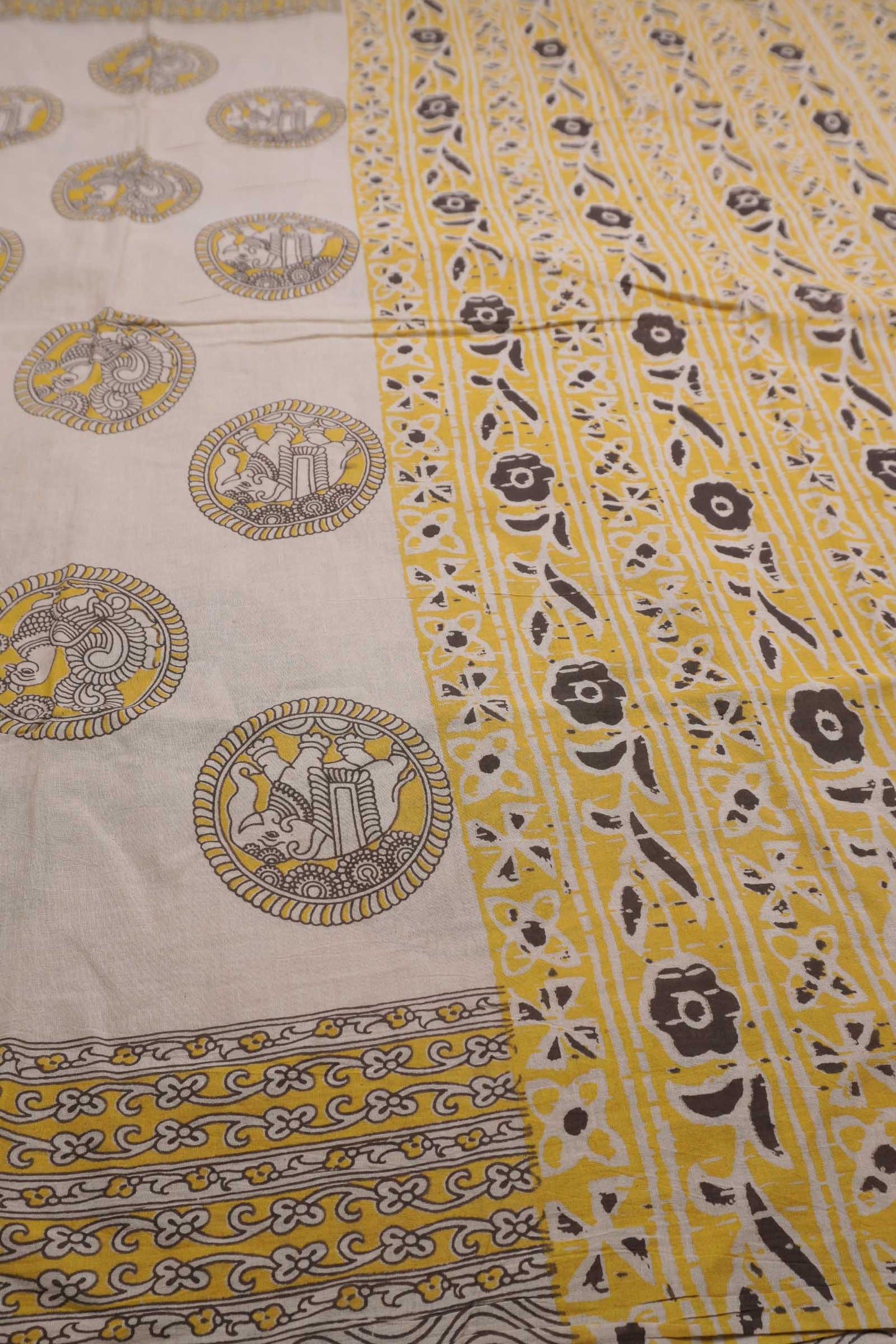 Off White With Yellow Kalamkari Pure Cotton Elephant Peacock Butta Saree