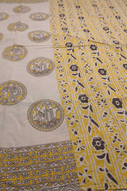 Off White With Yellow Kalamkari Pure Cotton Elephant Peacock Butta Saree