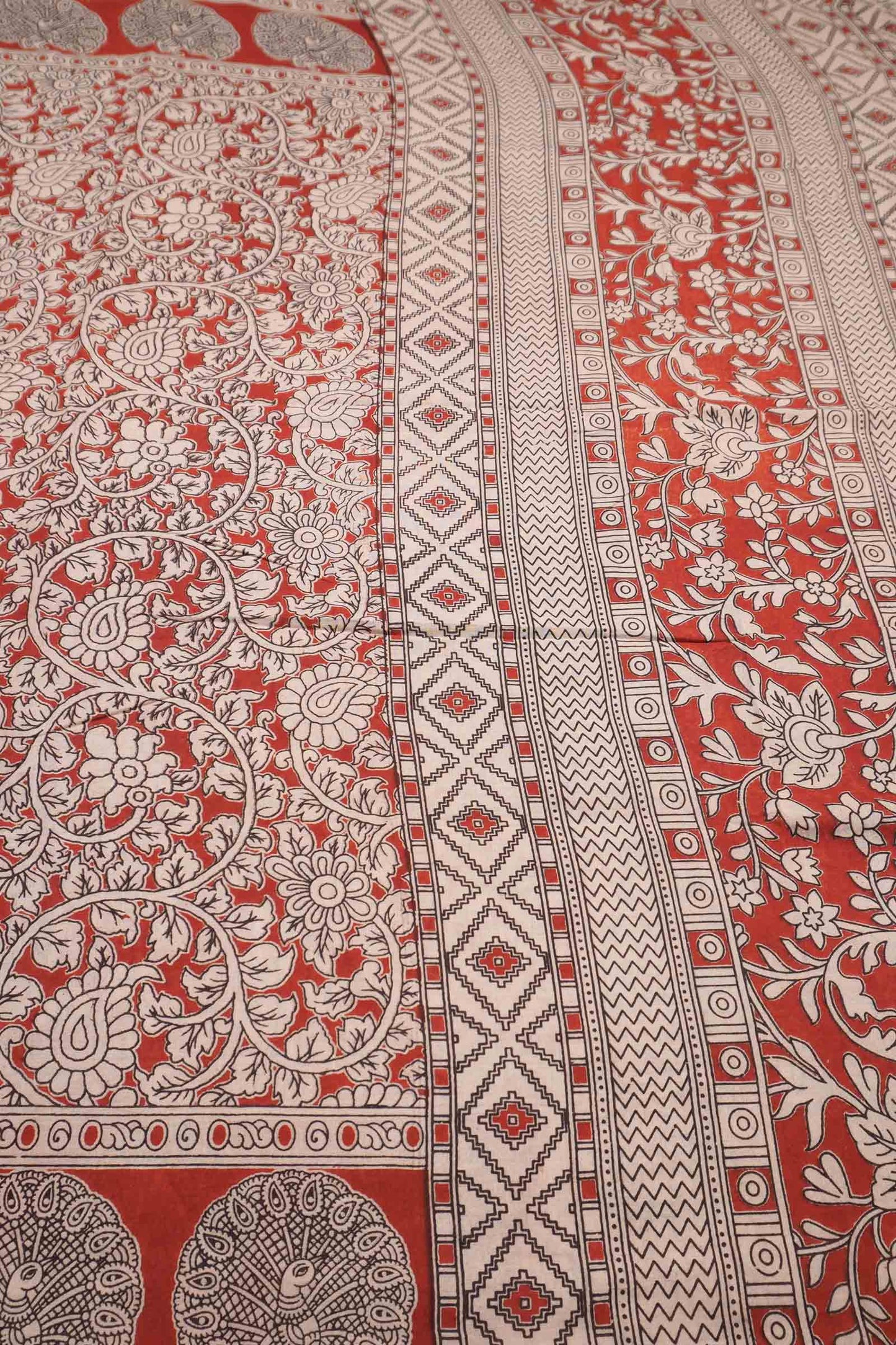 Maroon Kalamkari Pure Cotton  Floral Print Peacock Border Saree