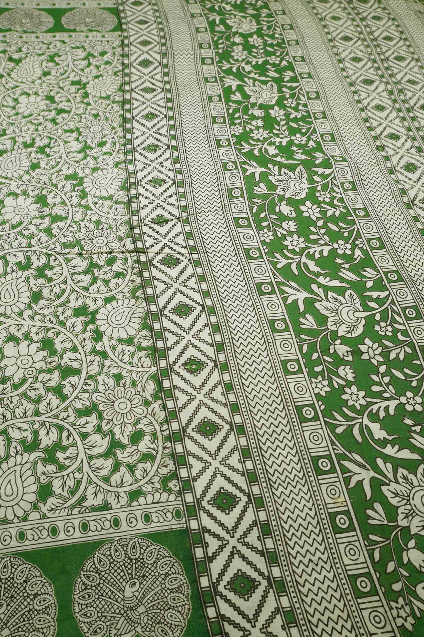 Green Kalamkari Pure Cotton  Floral Print Peacock Border Saree
