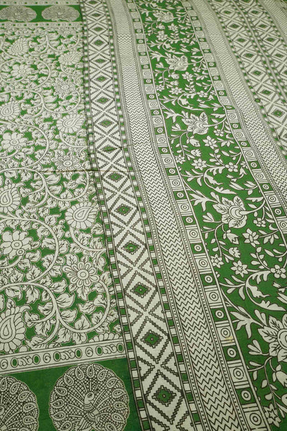 Green Kalamkari Pure Cotton  Floral Print Peacock Border Saree