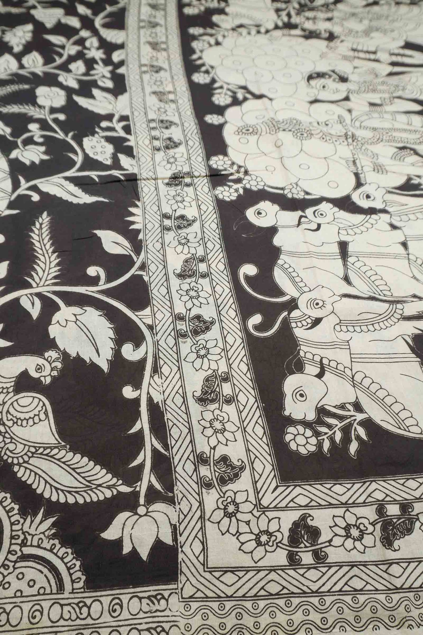 Black Kalamkari Pure Cotton Garden Print Royal Cow Pallu Saree