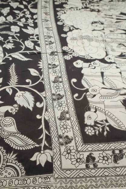 Black Kalamkari Pure Cotton Garden Print Royal Cow Pallu Saree
