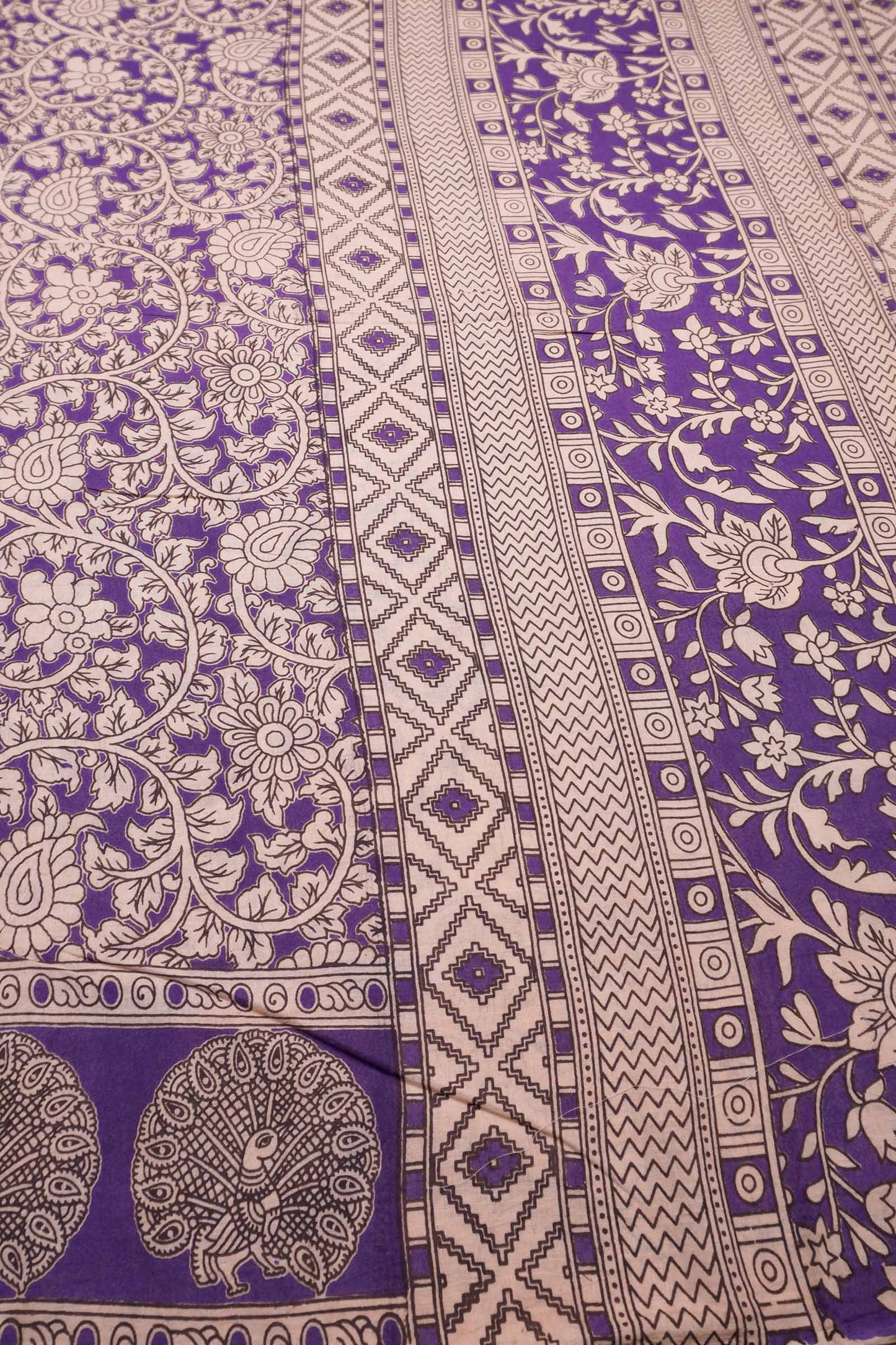 Violet  Kalamkari Pure Cotton Floral Print Peacock Border  Saree
