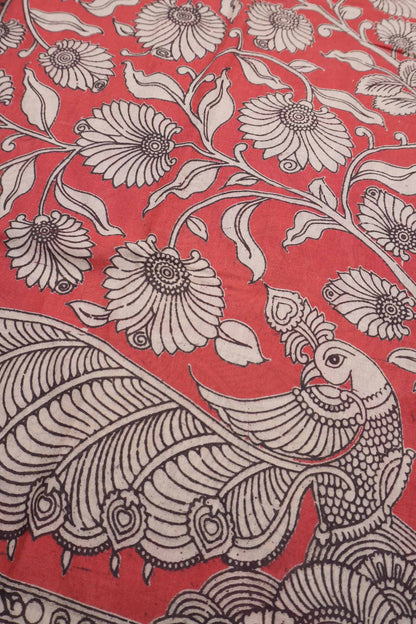 Red Kalamkari Pure Cotton  Floral Prints Peacock Pallu Saree