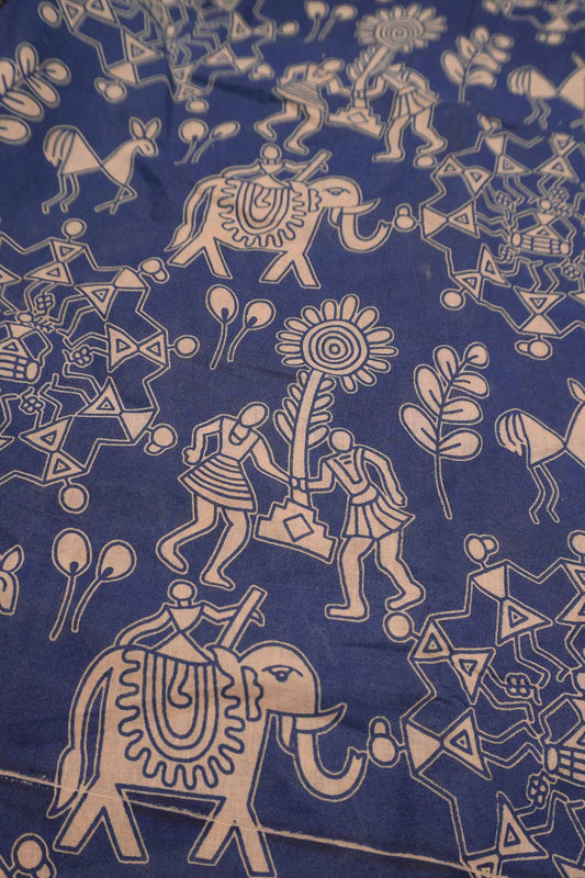 Blue  Kalamkari Pure Cotton Warli Inspired Print Royal Cow Pallu Saree