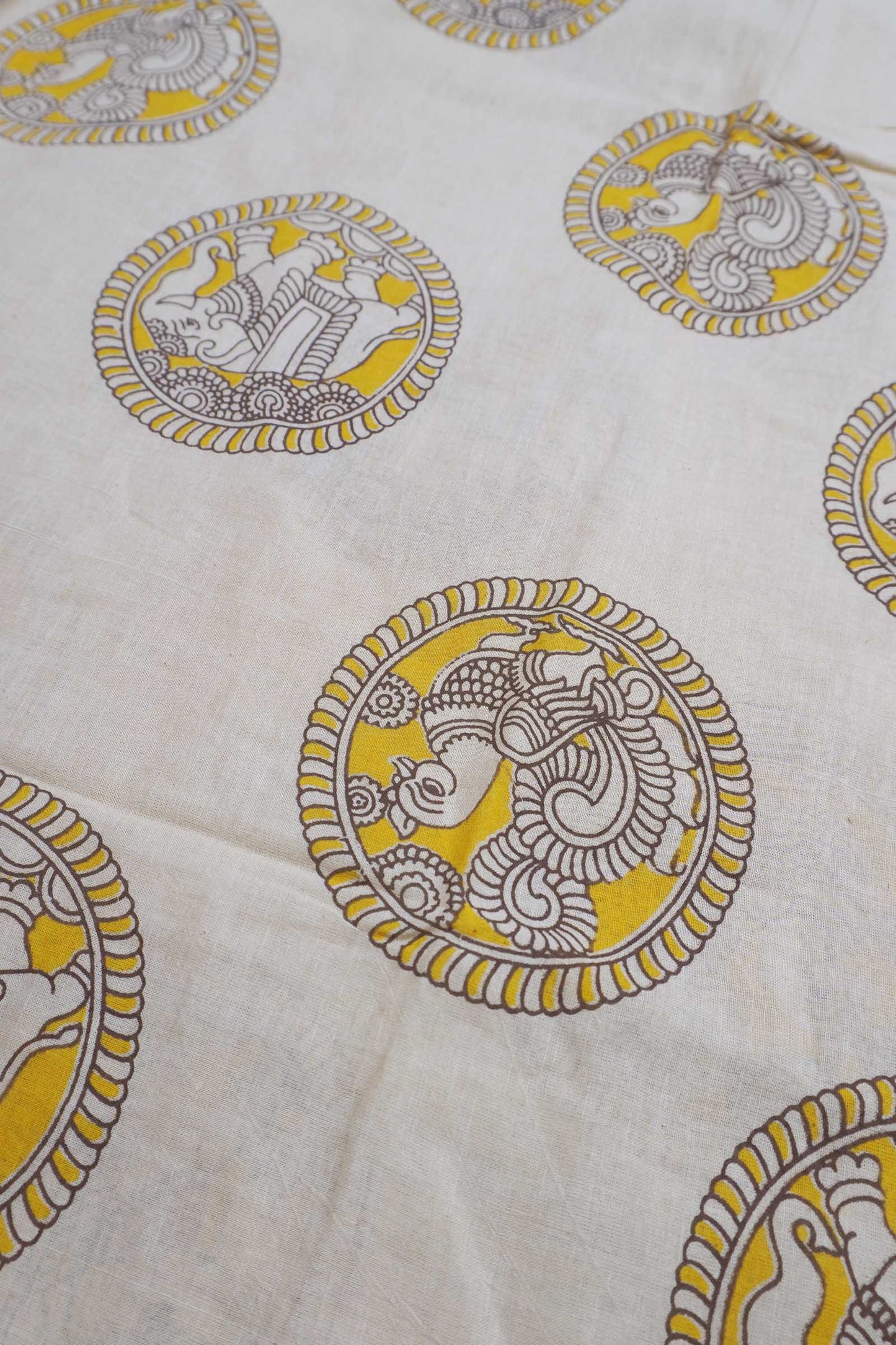 Off White With Yellow Kalamkari Pure Cotton Elephant Peacock Butta Saree