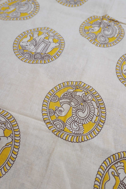 Off White With Yellow Kalamkari Pure Cotton Elephant Peacock Butta Saree