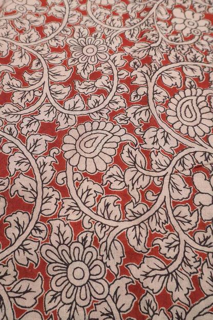 Maroon Kalamkari Pure Cotton  Floral Print Peacock Border Saree
