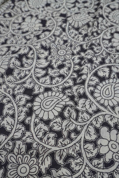 Black Kalamkari Pure Cotton Floral Print Peacock Border Saree