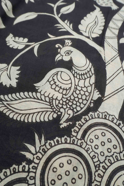 Black Kalamkari Pure Cotton Garden Print Royal Cow Pallu Saree