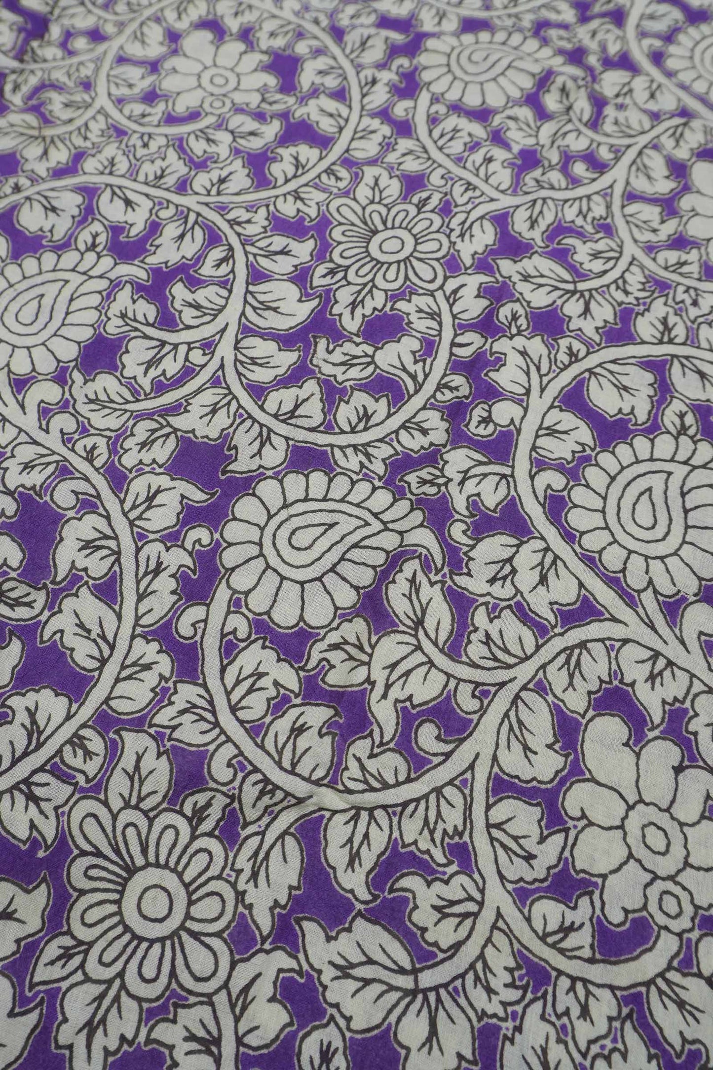 Violet  Kalamkari Pure Cotton Floral Print Peacock Border  Saree