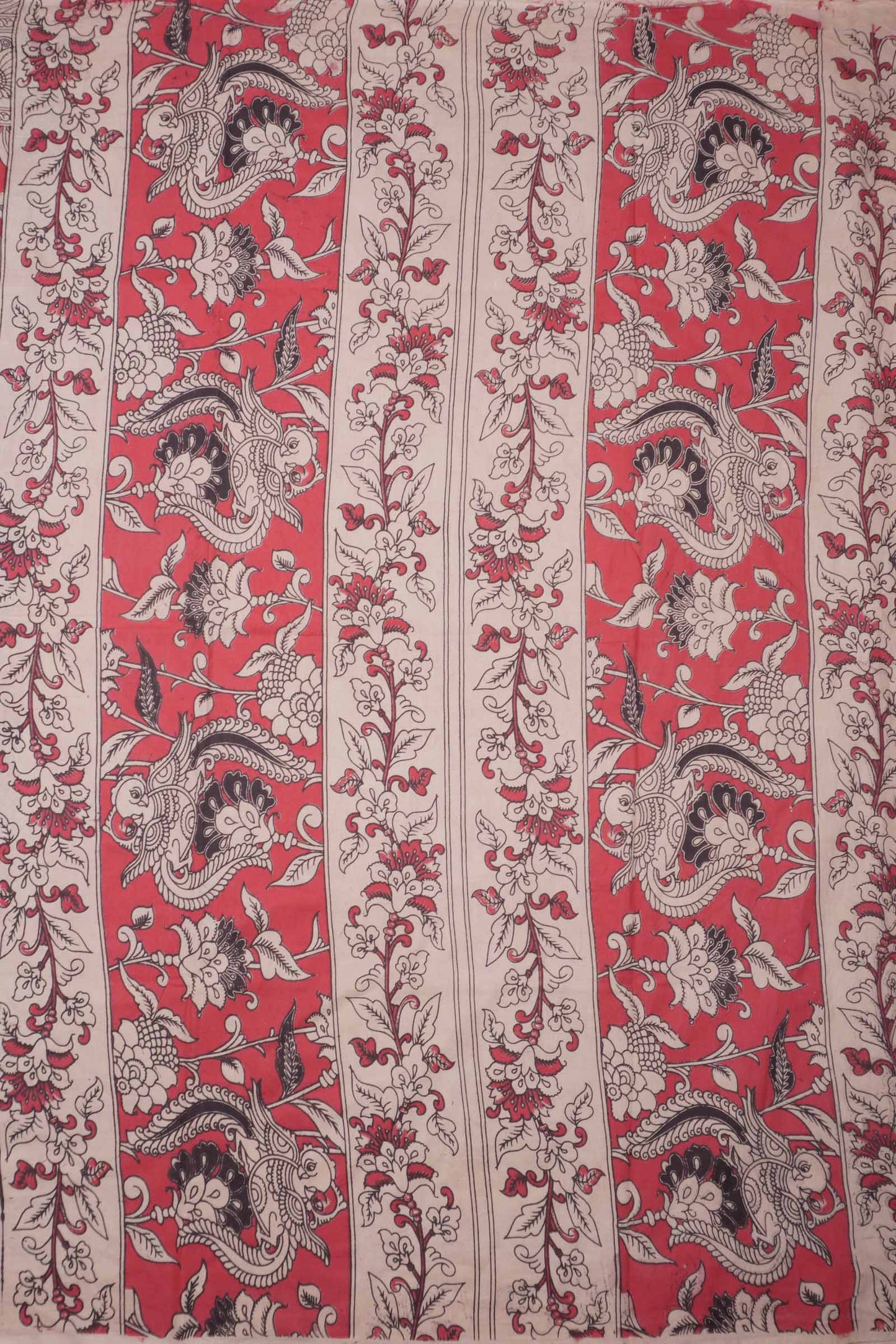 Red Kalamkari Pure Cotton  Floral Prints Peacock Pallu Saree