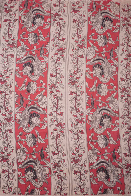 Red Kalamkari Pure Cotton  Floral Prints Peacock Pallu Saree