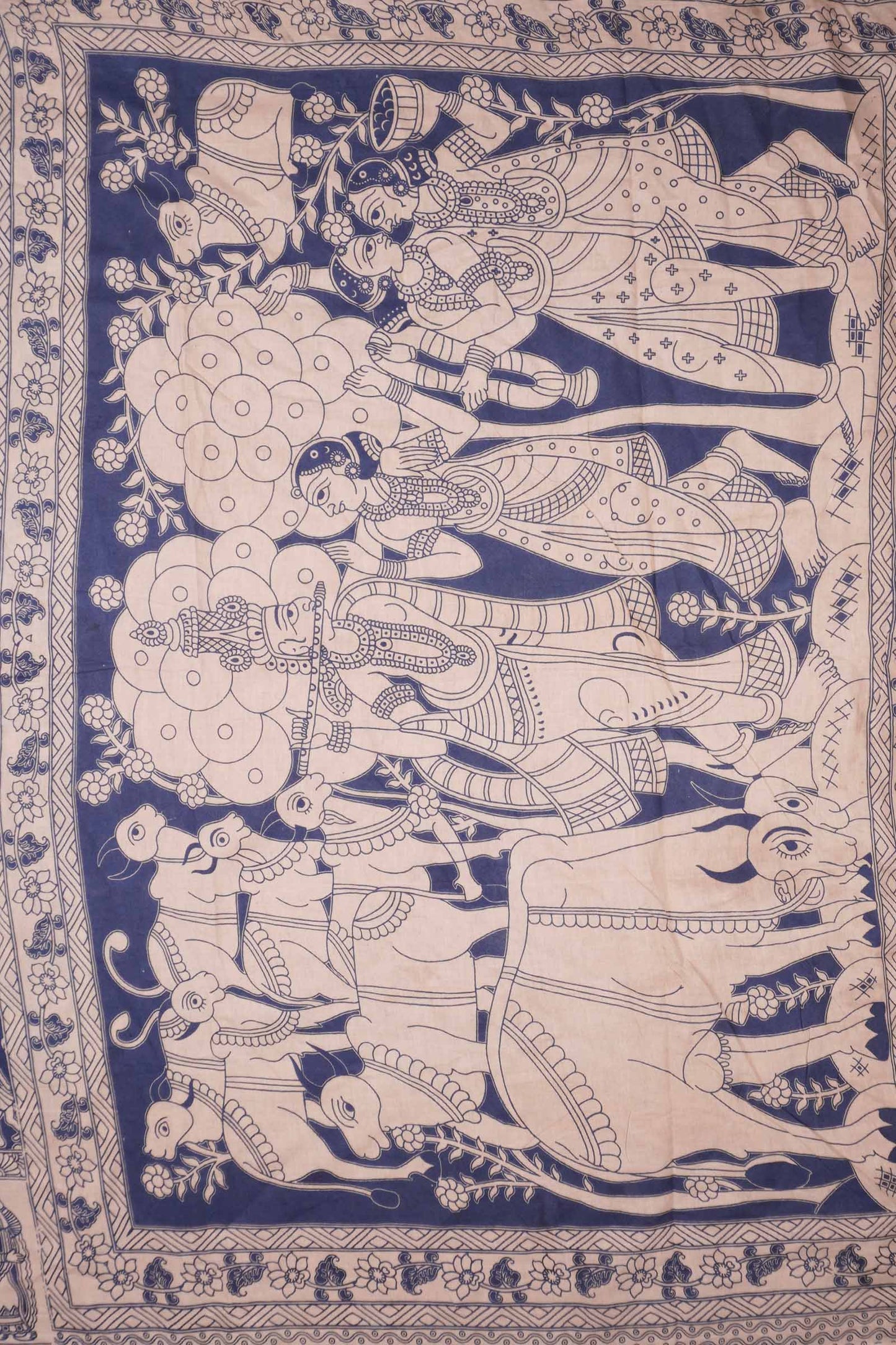 Blue  Kalamkari Pure Cotton Warli Inspired Print Royal Cow Pallu Saree