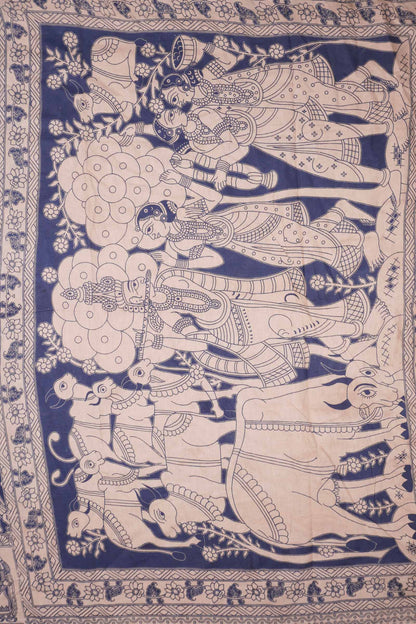 Blue  Kalamkari Pure Cotton Warli Inspired Print Royal Cow Pallu Saree