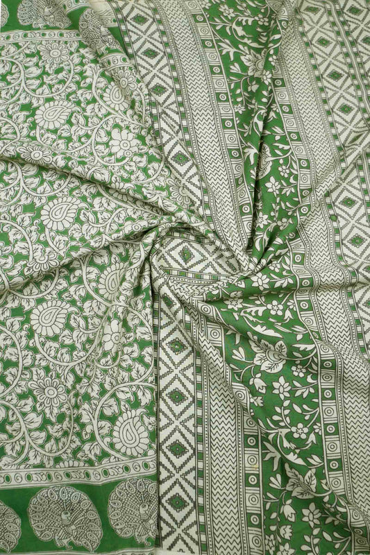 Green Kalamkari Pure Cotton  Floral Print Peacock Border Saree