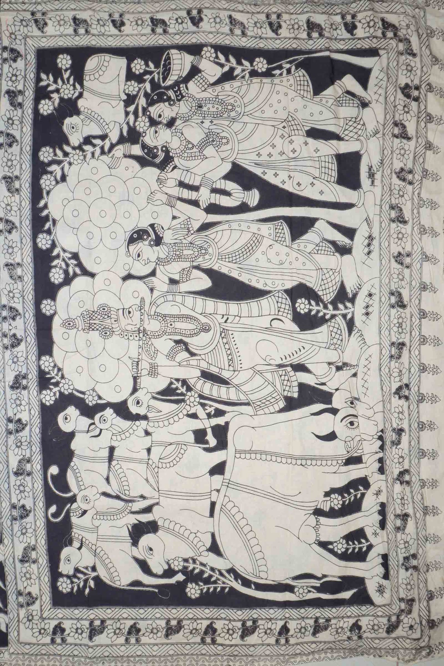Black Kalamkari Pure Cotton Garden Print Royal Cow Pallu Saree