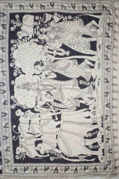 Black Kalamkari Pure Cotton Garden Print Royal Cow Pallu Saree